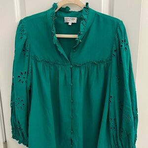 CROSBY by Mollie Burch Green Ruffled Mandarin Collar Blouse
